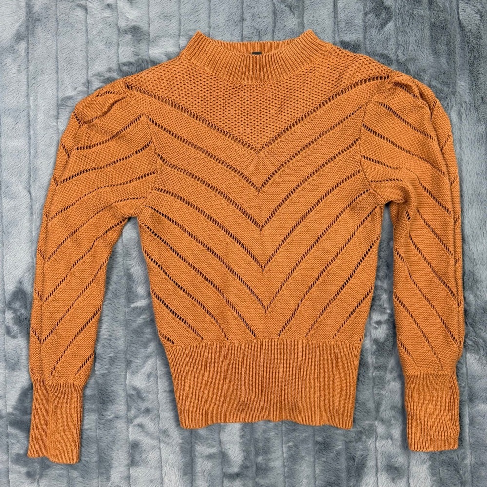Express Womens Rust Orange Pointelle Chevron Puff Sleeve Cotton Sweater Small